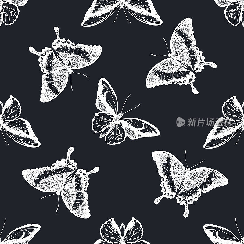 Seamless pattern with hand drawn chalk wallace's golden birdwing, emerald swallowtail, swallowtail butterfly